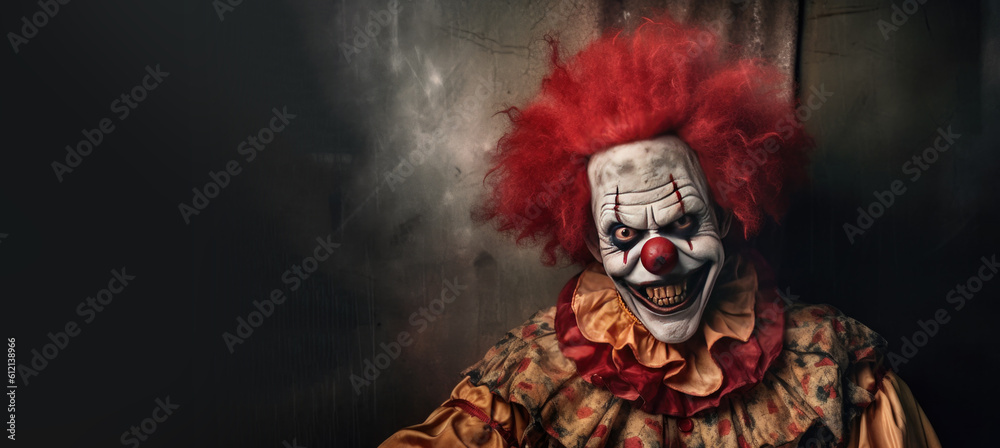 Fototapeta premium Creepy Scary Clown Banner with Space for Copy for Halloween. Generative AI