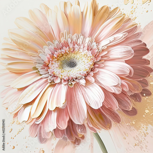 Abstract floral oil painting. Gold and pink gerbera flower on white background. Generative AI