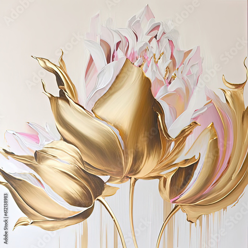 Abstract floral oil painting. Gold and pink tulip on white background. Generative AI