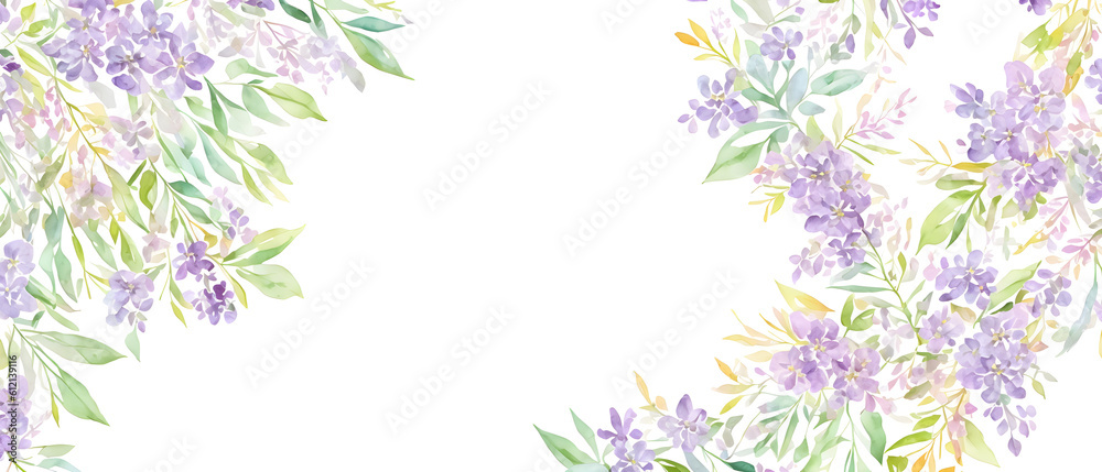 Watercolor purple flowers, purple lilac branches and foliage. Botanical illustration in vintage style. Wedding decorations background. Floral background with place for text. Generative AI.