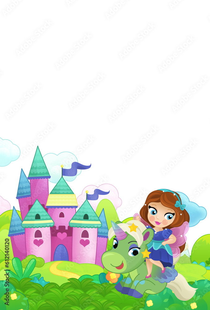 cartoon scene forest with pony horse and fairy princess flying castle isolated illustration for children cartoon scene forest with pony horse and fairy princess flying castle isolated illustration for children