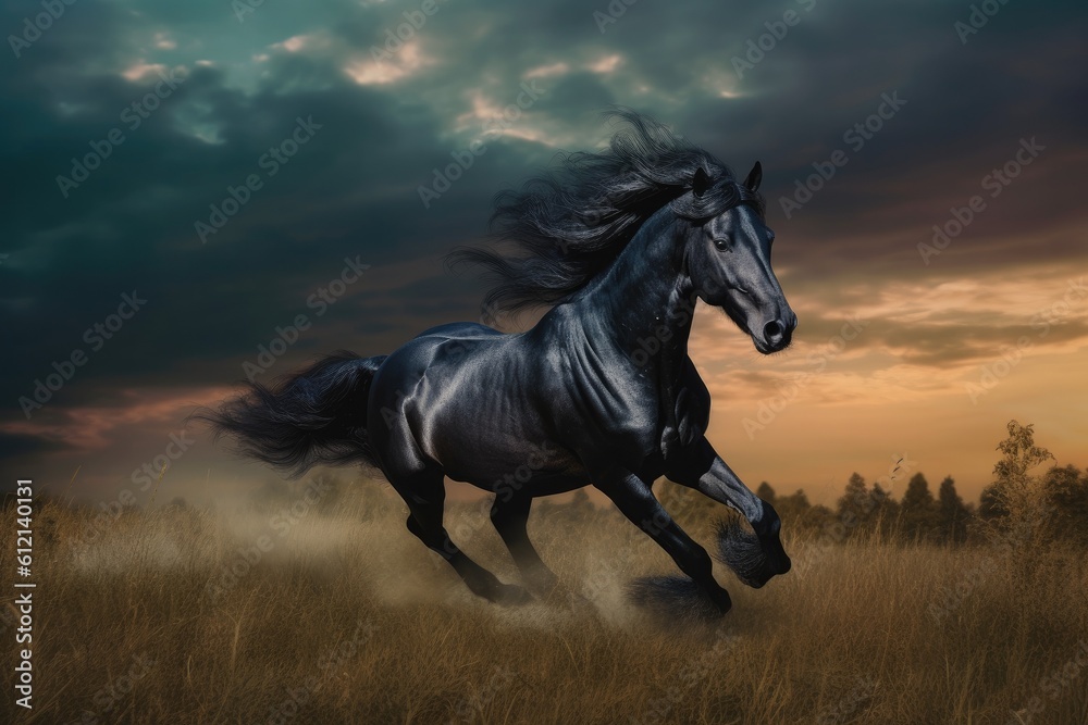 Wild Fresian horse in it's natural habitat - generative ai Wild Fresian horse in it's natural habitat - generative ai