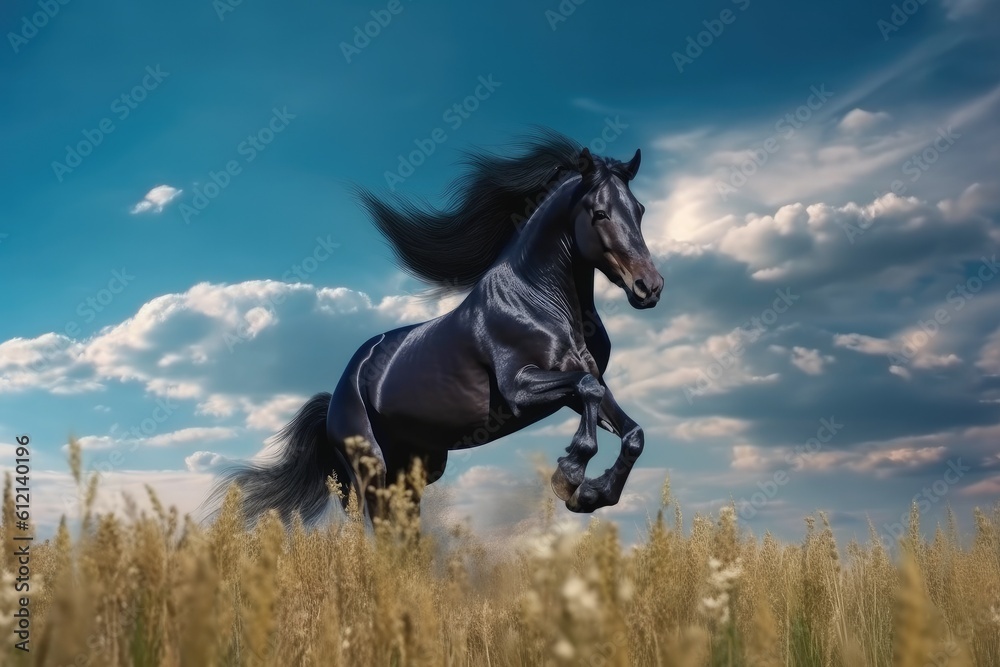 Wild Fresian horse in it's natural habitat - generative ai Wild Fresian horse in it's natural habitat - generative ai