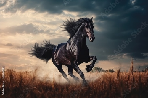 Wild Fresian horse in it's natural habitat - generative ai