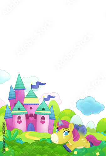 Fototapeta Naklejka Na Ścianę i Meble -  cartoon scene forest with happy pony horses castle illustration for children