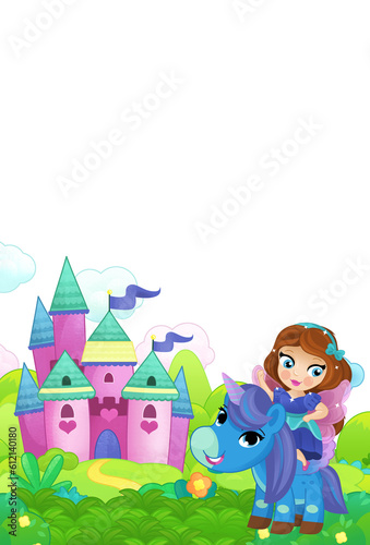 cartoon scene forest with pony horse and fairy princess flying castle isolated illustration for children
