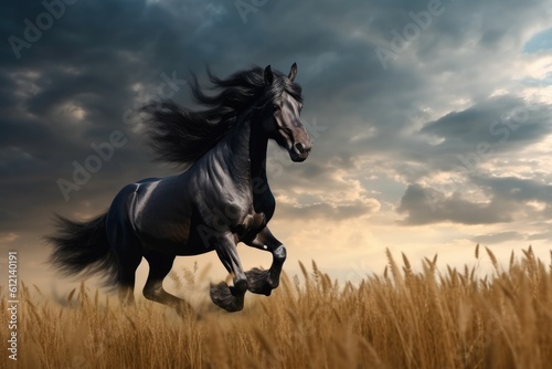 Wild Fresian horse in it's natural habitat - generative ai
