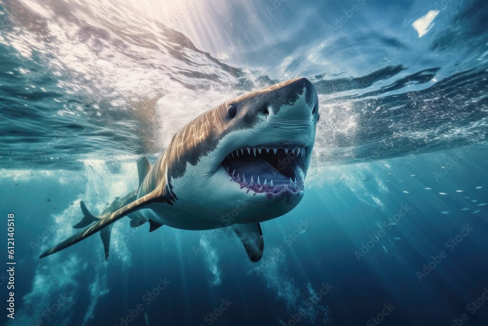 Fototapeta premium Big angry White shark in the ocean Generative AI
