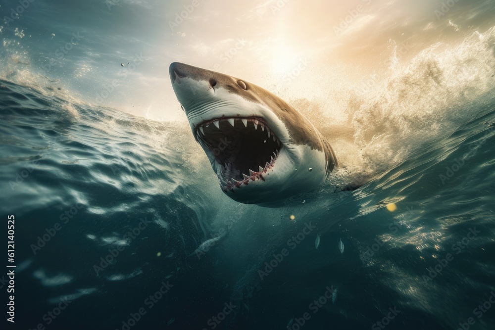 Obraz premium Big angry White shark in the ocean Generative AI