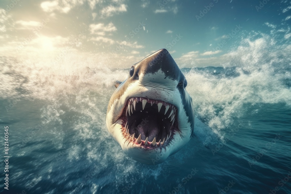 Obraz premium Big angry White shark in the ocean Generative AI