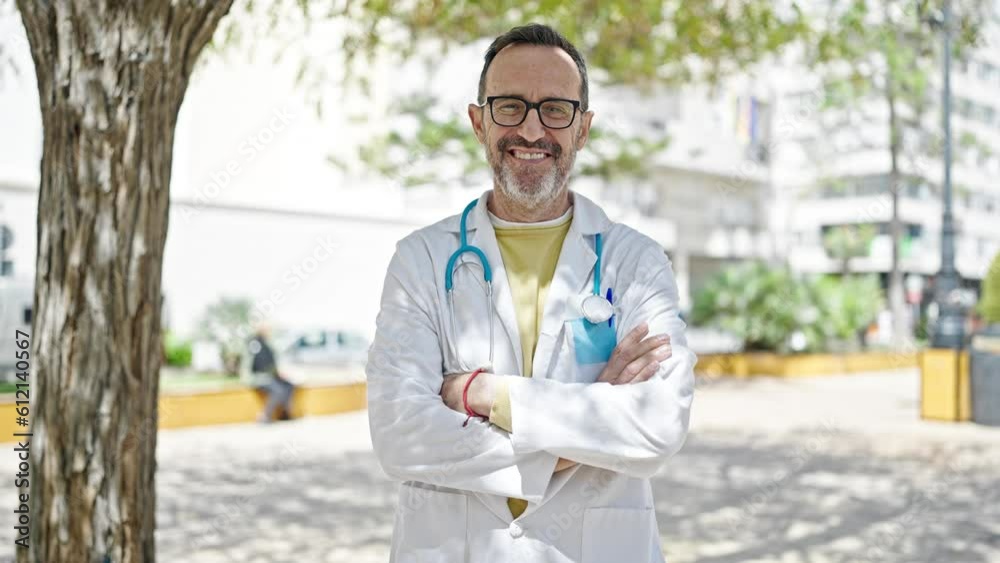 Middle age man doctor smiling confident standing at park Middle age man doctor smiling confident standing at park