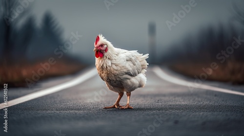 Free-Range Chicken Crossing the Country Road in Rural Nature Landscape - 16:9 AR: Generative AI © AIGen
