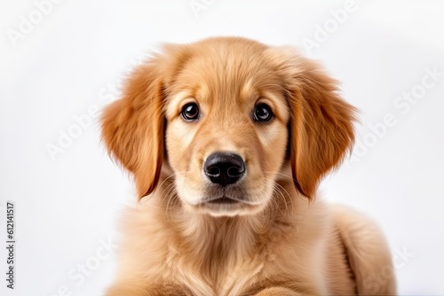 Happy Golden Retriever Puppy Posing for Portrait on White Background. Perfect for Pet Lovers & Breed Enthusiasts: Generative AI