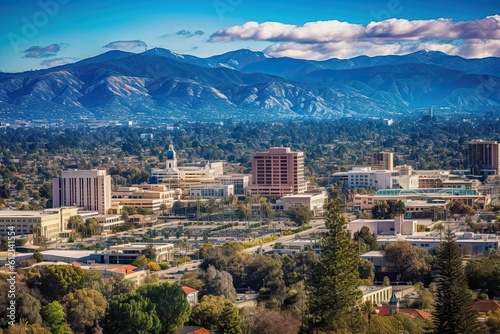 Panoramic Aerial View of City of Pasadena, California with Stunning Purple Trees and Majestic Mountain Ranges in the Background: Generative AI photo