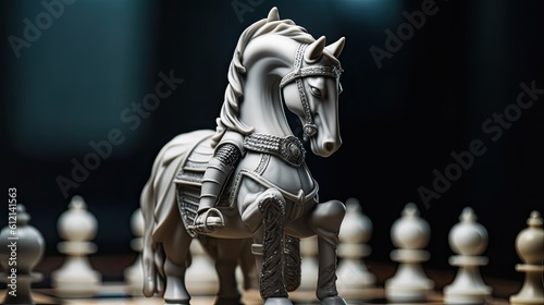 Strategic Thinking in Chess Game - White Knight Chess Piece in Macro View for Competition. Generative AI