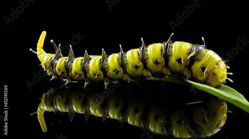Stunning Close-up of a Black, White, and Yellow Caterpillar Eating a Green Plant with Its Mouth: Generative AI © AIGen