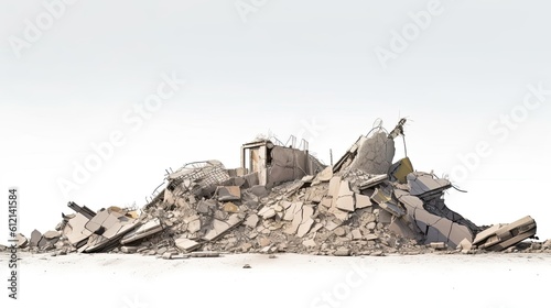 Remain of Destruction. Panoramic View of Isolated Concrete Wreckage and Debris from a Destroyed Building on White Background: Generative AI