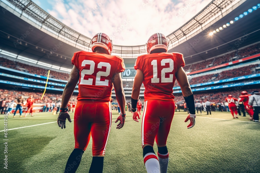 Obraz premium merican football players clash on the field of play. AI generated.
