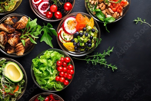 Mediterranean style healthy food plates, from above. Ai generated.