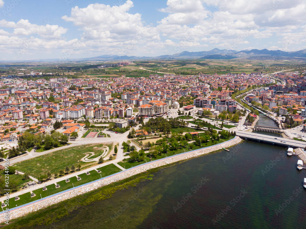 Aerial photo of Turkish town Beysehir with view of Lake and Channel Beysehir.