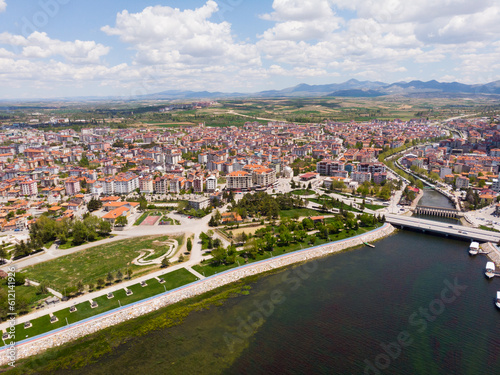 Aerial photo of Turkish town Beysehir with view of Lake and Channel Beysehir. photo