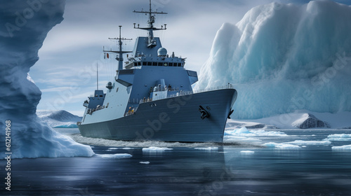 Illustration of a navy vessel passing through arctic waters. Generative AI. 