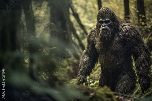 Illustration of a bigfoot or a mythic sasquatch standing in a dark forest. Generative AI.