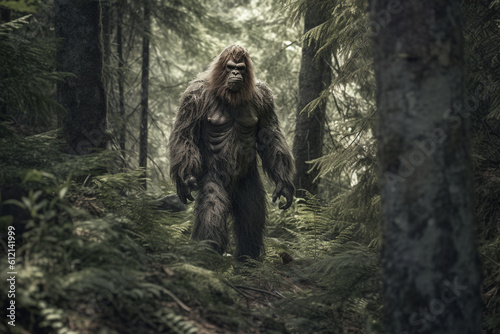 Illustration of a bigfoot or a mythic sasquatch standing in a dark forest. Generative AI. photo