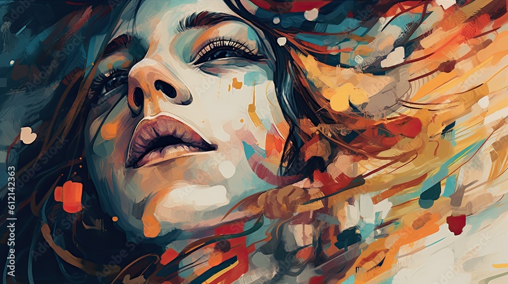 Abstract portrait of a woman art illustration. Swirling paint concept representing thoughts, ideas, and anxiety. Beautiful girl.