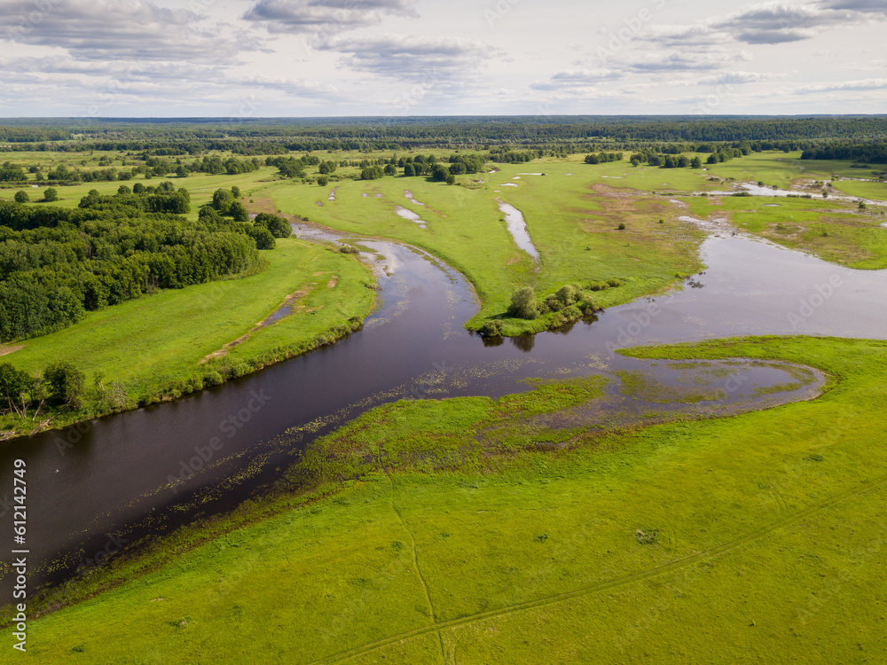 Panoramic view of gulf meadows in the floodplain of the Oka River, Russia