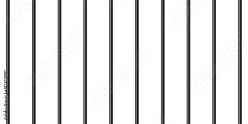 Black realistic metal prison bars isolated on white background. Detailed jail cage, prison iron fence. Criminal background mockup. Vector illustration