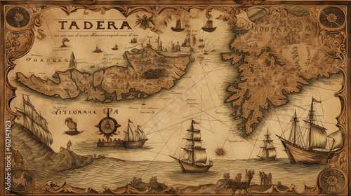 Historical map, treasure map, pirate map with pirate ships, islands and nautical signs. Generative AI