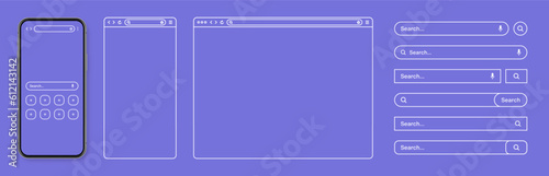 Smartphone, web browser, internet page window with toolbar and search bar, field. Modern website in flat style, line art. Blank browser mockup for computer, tablet and smartphone. Vector illustration