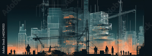 Illustration digital building construction engineering with double exposure graphic design. Building engineers, architect people, or construction workers working. Generative AI