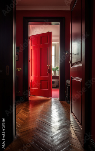 A hallway in a suburban home with a polished dark hardwood floor and a red front door. Generative AI