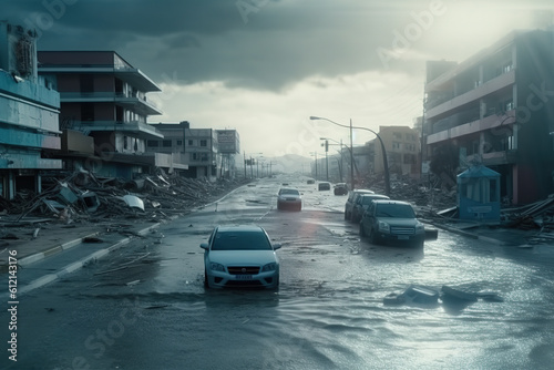 A cinematic portrayal of a city destroyed by Tsunami waves in a disaster, with flooded streets, cars carried by waves and damaged buildings. Matte painting technique. Generative AI