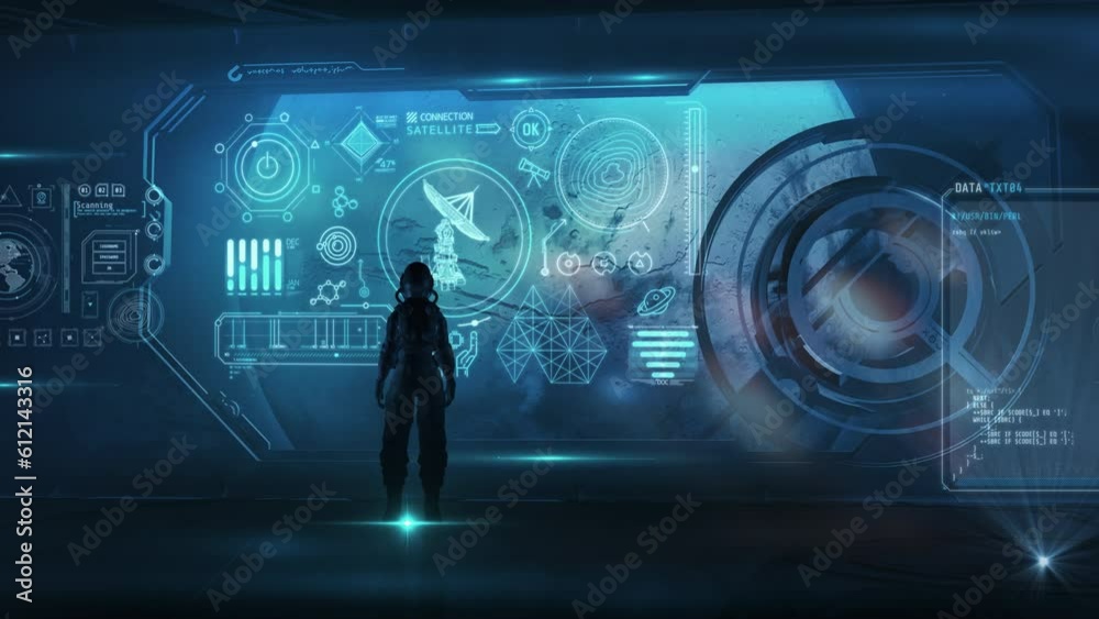 Astronaut in front of a virtual panel. 3D render