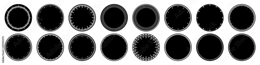 Mechanical clock faces, bezel. Watch dial with minute and hour marks. Timer or stopwatch element. Blank measuring circle scale with divisions. Vector illustration. Mechanical clock faces, bezel. Watch dial with minute and hour marks. Timer or stopwatch element. Blank measuring circle scale with divisions. Vector illustration.