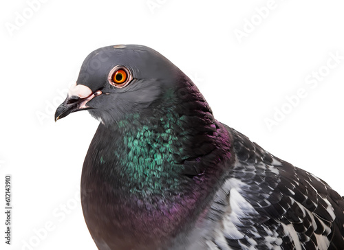 Pigeon face shot isolated on transparent background cutout. Generative AI