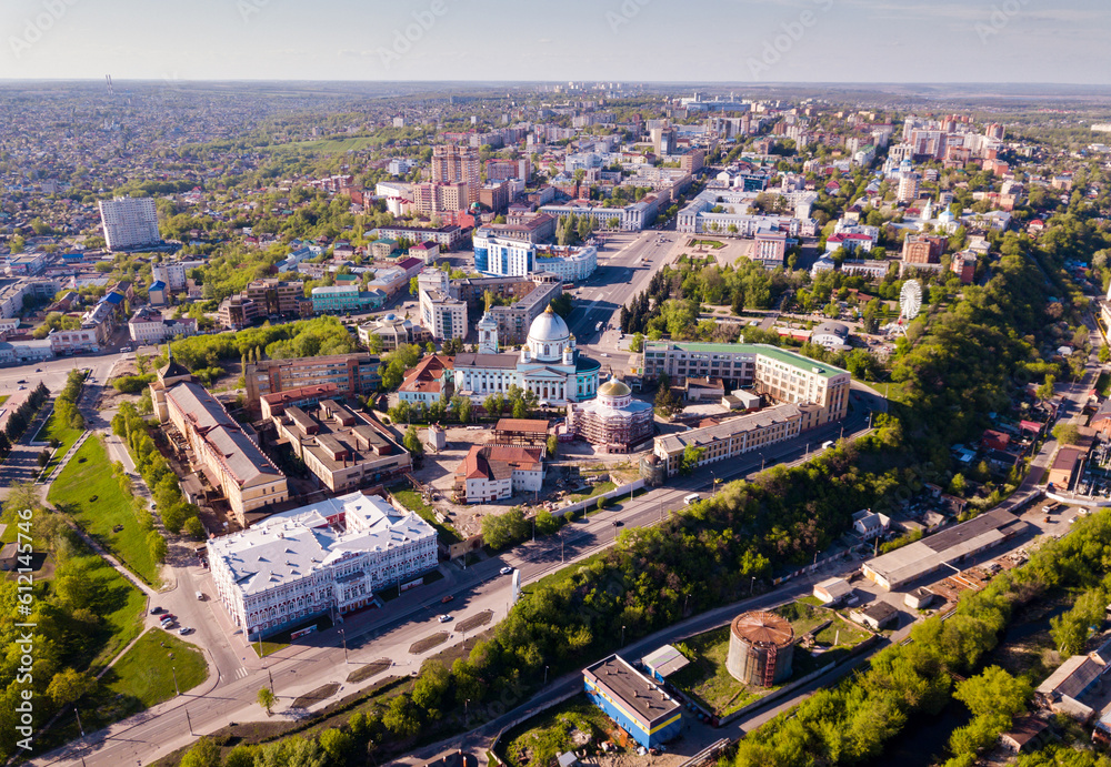 Panoramic aerial view of district of Kursk with houses, Russia