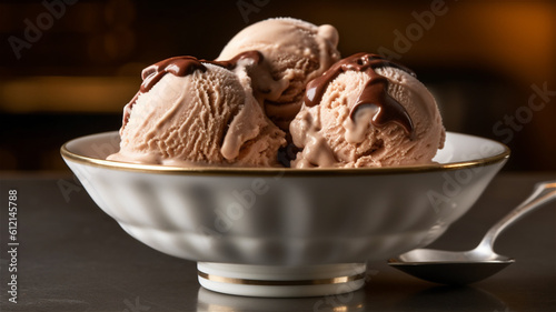 Generative AI Illustration of Vanilla Ice Cream with Chocolate Topping