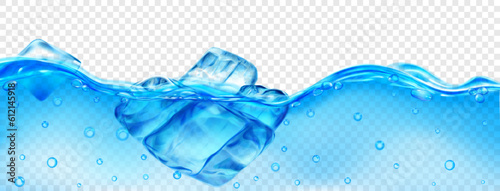 Translucent light blue ice cubes floating in water with air bubbles, isolated on transparent background. Transparency only in vector format