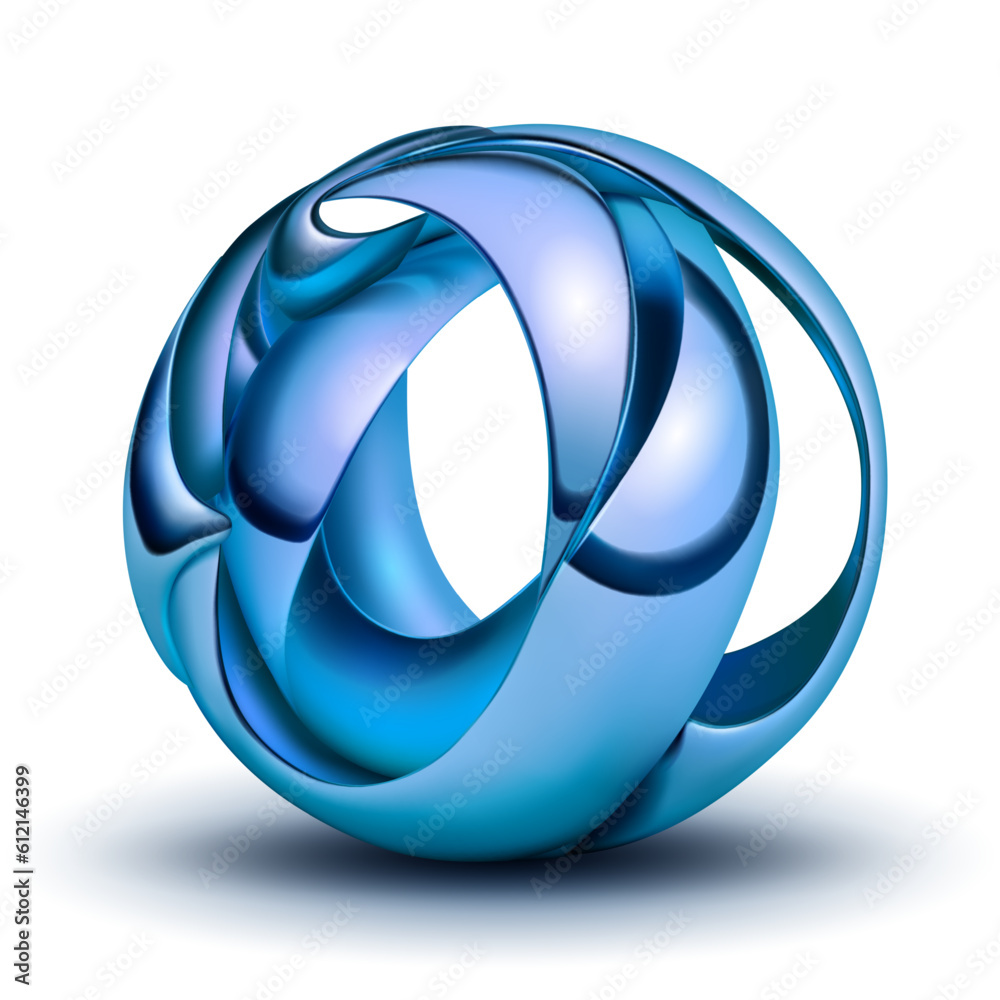 Abstract figure made of blue plates, curved and intertwined in the form of a sphere, with glares and shadow on a white background Abstract figure made of blue plates, curved and intertwined in the form of a sphere, with glares and shadow on a white background