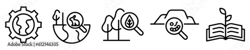 Conjunto de iconos de ciencias ambientales. Ambientología. Conservación, educación, restauración, sostenibilidad y estudio del medio ambiente. Ilustración vectorial