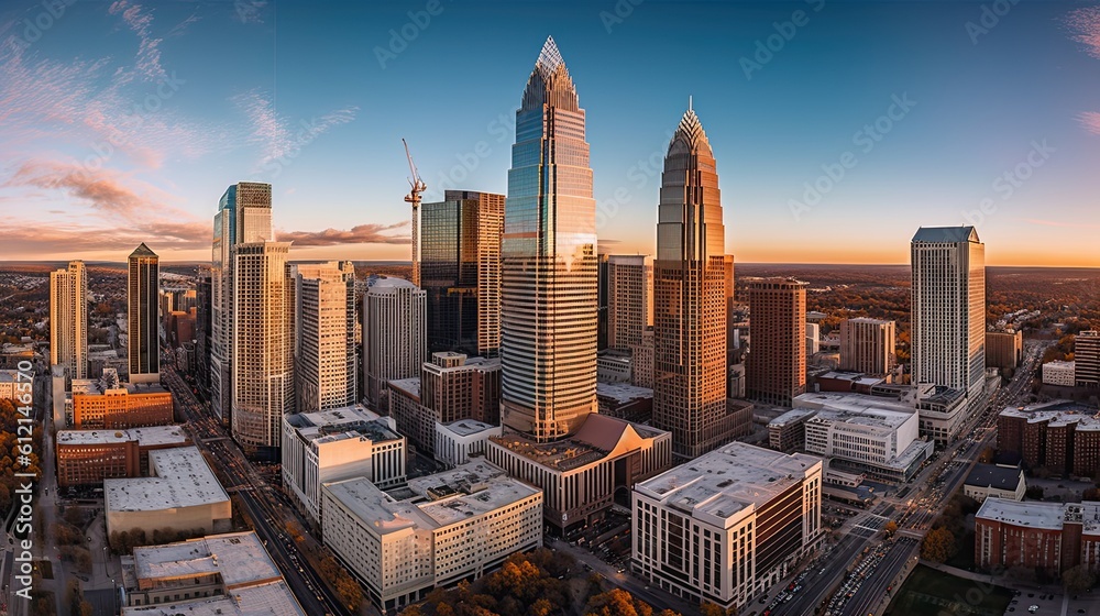 Aerial view of Charlotte, NC skyline and financial district in North Carolina - a luxurious US city landscape: Generative AI - obrazy, fototapety, plakaty 