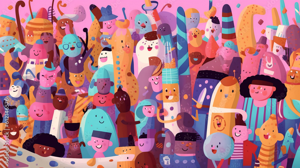 Funny colorful quirky cute design character illustration. Composition of a cheerful crowd influenced by graffiti