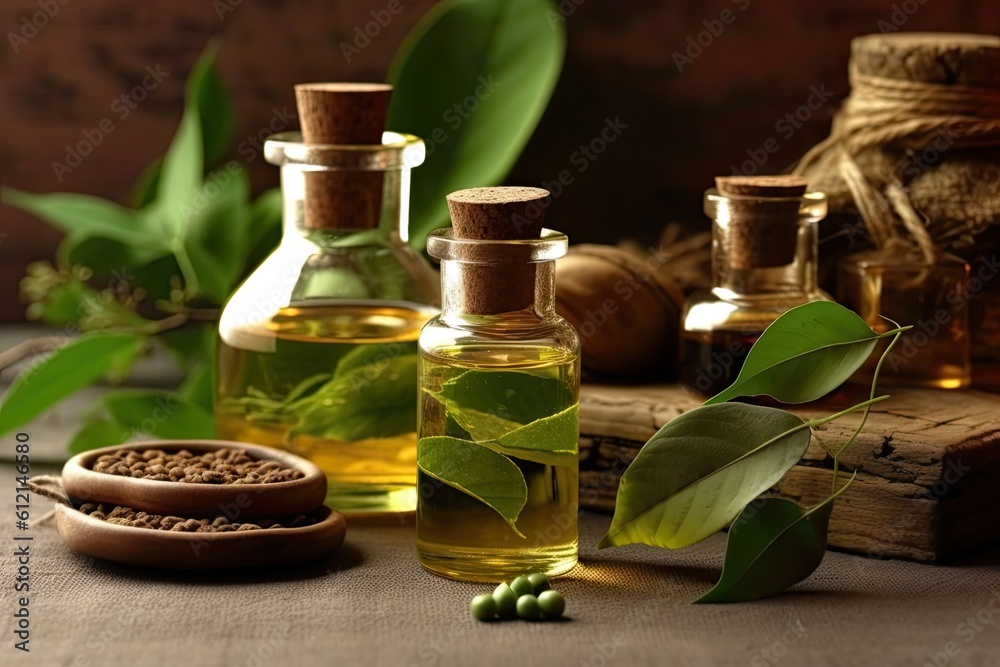 Ayurvedic Medicine Concept with Natural Herbal Ingredients and Aromatherapy Equipment for Wellness and Self-Care Therapy: Generative AI - obrazy, fototapety, plakaty 