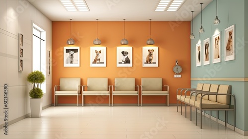 Bright and Contemporary Vet Waiting Room with Clean Aesthetics and Empty Posters for Clinic and Care: Generative AI photo