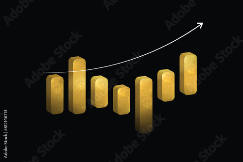 3D Growth bar graph on isolated gold background, Golden Business Bar, Market investment trading, exchange, rendering, trade, simple, isometric, financial, index, forex.