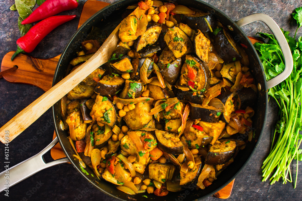 Vegan Roasted Eggplant and Chickpea Curry Served in a Skillet